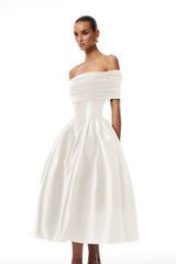 Off-the-Shoulder Satin White Midi Dress