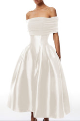 Off-the-Shoulder Satin White Midi Dress