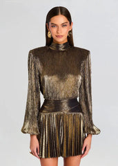 High-Necked Lantern Sleeve Mini Dress in Gold