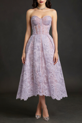 Purple Sexy Embroidered Lace Midi Dress