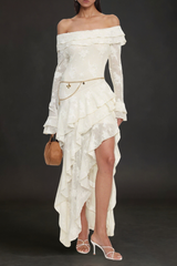 One Shoulder Long Sleeve Ruffle Knit Maxi Dress