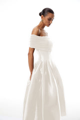 Off-the-Shoulder Satin White Midi Dress