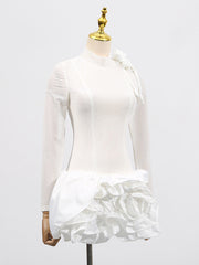 3D Flower Hem Mesh Mini Dress in White