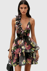 Floral Ruffle Mini Dress - Black