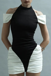 Black-White Sleeveless Halter Mini Dress