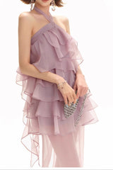 Backless Multi-Ruffle Maxi Dress in Lilac