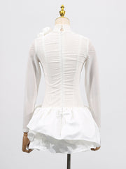 3D Flower Hem Mesh Mini Dress in White