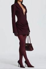V-Neck Ruched Blazer Mini Dress in Wine Red