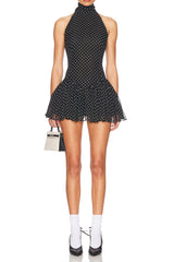 Polka Silk Sleeveless Halter Mini Dress in Black