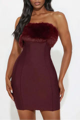 Fur Trim Bandage Mini Dress in Burgundy