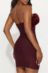 Fur Trim Bandage Mini Dress in Burgundy