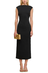 Black Sleeveless Backless Knit Midi Dress with Two Golden Embellishments