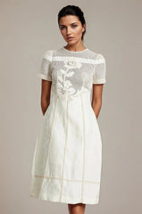3D Floral Embroidered Hollow Midi Dress in Apricot