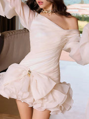 Ruffle Diagonal Long Sleeve Mini Dress