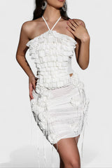 Halter Ruched Mesh Floral Mini Dress in White