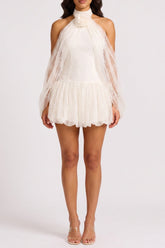Halter 3D Floral Sheer Lace Bell Sleeve Mini Dress