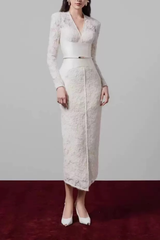 Lace Satin Belt Long Sleeve V-Neck Midi Dress