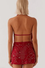 Red Embroidered Halter Mini Dress