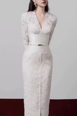 Lace Satin Belt Long Sleeve V-Neck Midi Dress