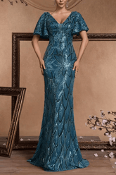Sequin V-Neck Flutter Sleeve Formal Dress