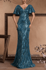 Sequin V-Neck Flutter Sleeve Formal Dress