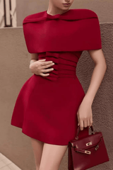 Red Cape Sleeve Ruched Mini Dress