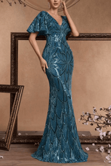 Sequin V-Neck Flutter Sleeve Formal Dress