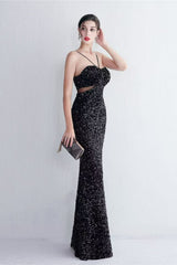 Black Cutout Sequins Halter Maxi Dress