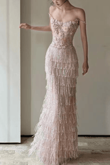 Off-Shoulder 3D Floral Fringe Maxi Dress