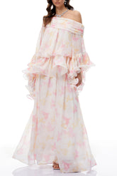 White Floral Print Ruffled Maxi Dress