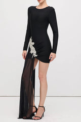 Black Asymmetrical With Rhinestone Embellishments Mini Dress