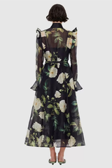 Print Sleeve Midi Dress in Black