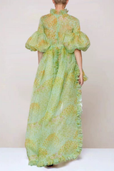 Green Watercolor Floral Ruffle Dress with Puff Sleeves