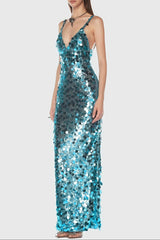 Sequin Deep V Maxi Dress in Blue