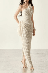 Blair One Shoulder 3D Floral Ruched Textured Lace Evening Dress