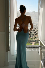 Satin Halter-Neck Rhinestone Diamond-Patterned Backless Fitted Maxi Dress