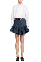 Ruffled Mini Denim Skirt in Deep Blue