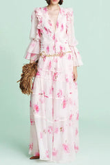 Pink V-Neck Floral Print Maxi Dress