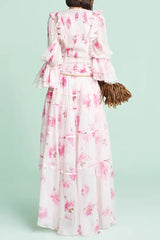 Pink V-Neck Floral Print Maxi Dress
