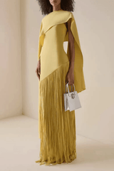 Yellow Cape Fringe Maxi Evening Gown