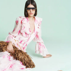 Pink V-Neck Floral Print Maxi Dress