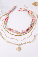 Boho Silk Scarf Sun Pendant Layered Necklace Set