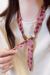 Pink Floral Scarf Wood Bead Boho Necklace