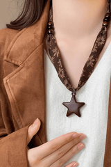 Brown Floral Fabric Wood Star Pendant Necklace