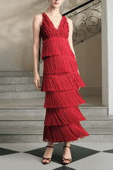 Red Lace V-Neck Maxi Dress