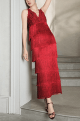 Red Lace V-Neck Maxi Dress