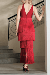 Red Lace V-Neck Maxi Dress