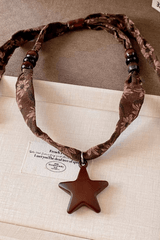 Brown Floral Fabric Wood Star Pendant Necklace