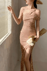 Asymmetrical Off-Shoulder Sequin Evening Dress