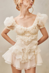 Puff Sleeve Ruffle Mini White Dress